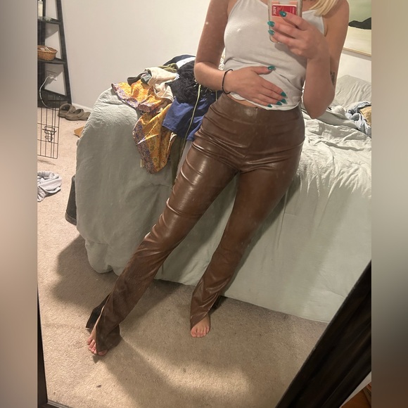 Pants - Brown Leather Pants with Leg Slit